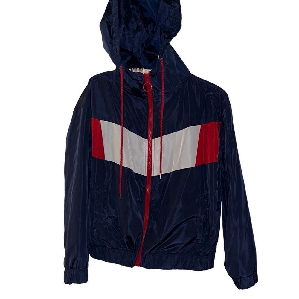Red, white, Navy Colorblock Full Zip Hooded Windbreaker Jacket Unisex Small